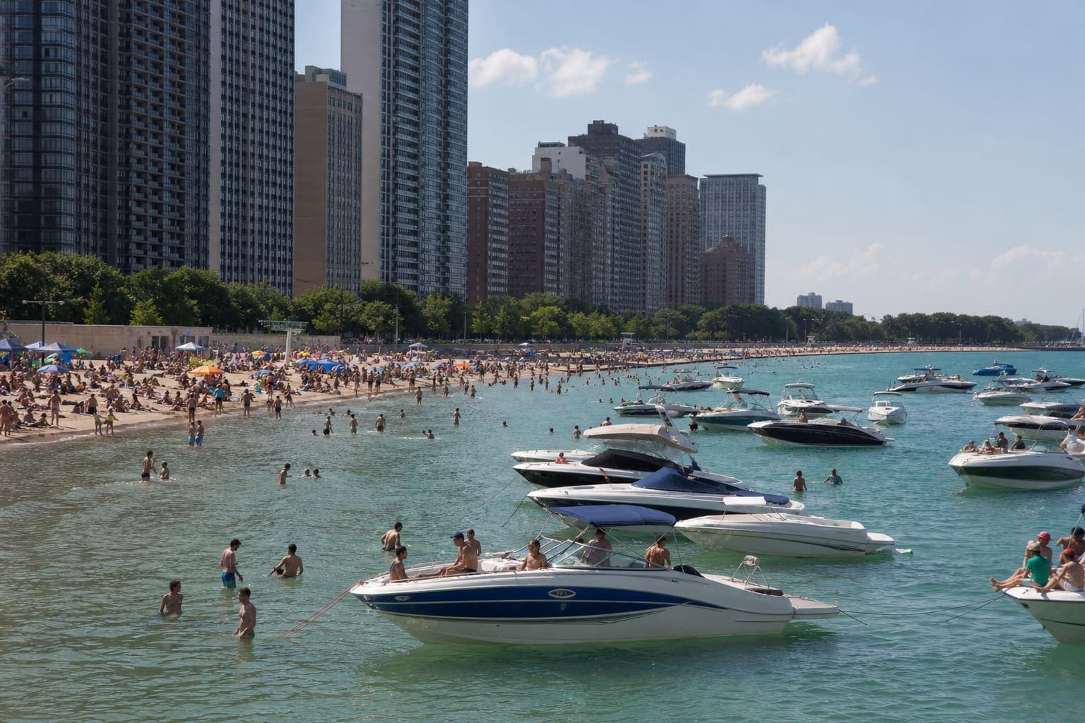 Chicago lakefront beach and Playpen boats anchored on Lake Michigan