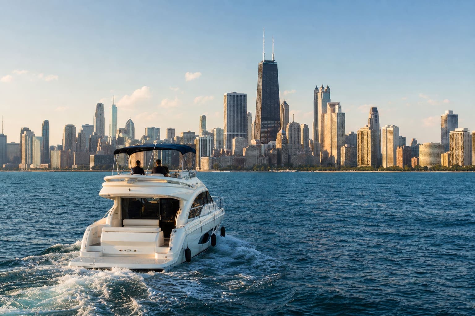 Motor yacht cruising Lake Michigan toward the Chicago skyline