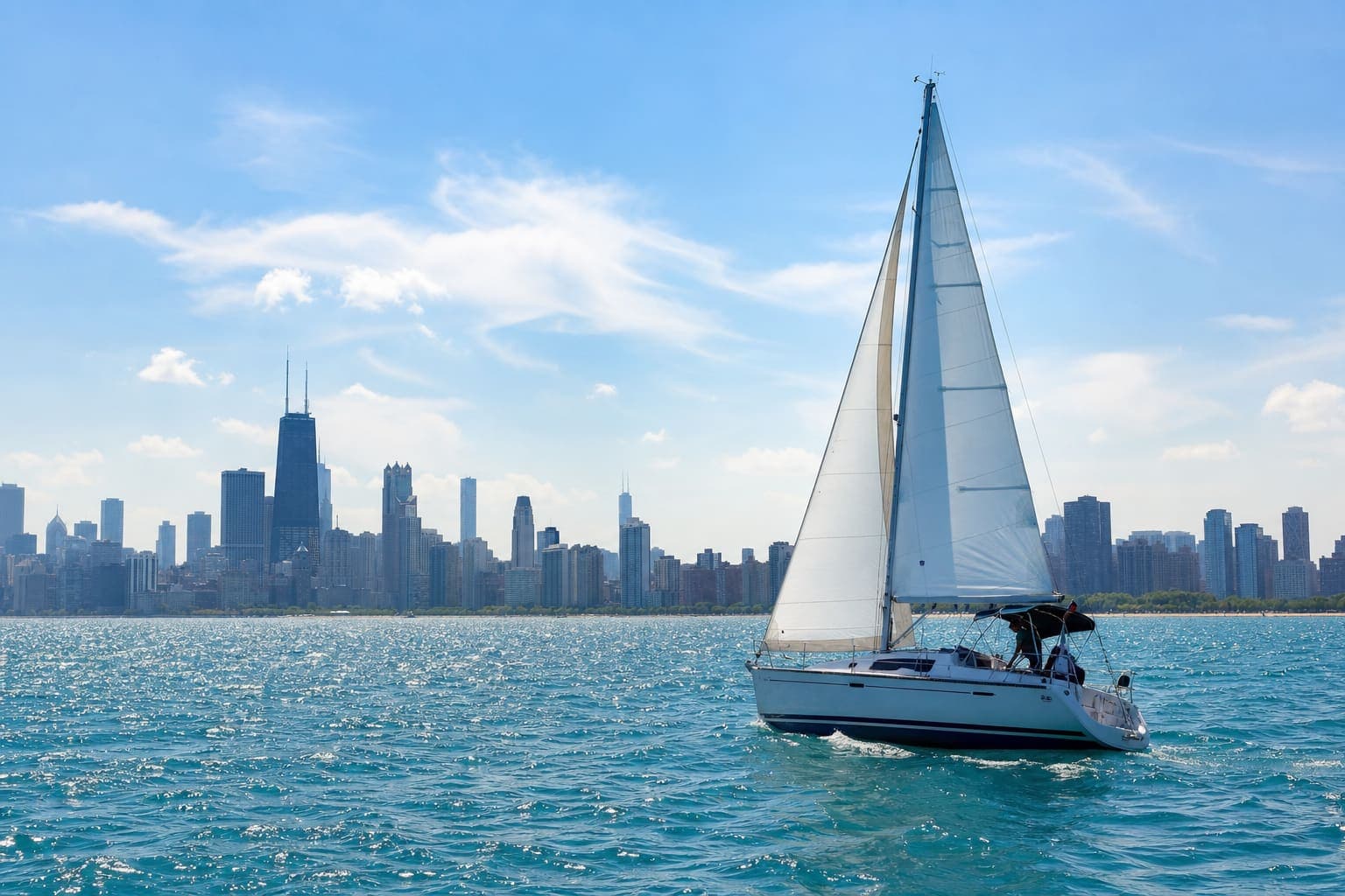 Sailboat on Lake Michigan with the Chicago skyline on the horizon